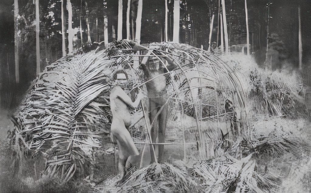 An elderly couple commencing their hut in the rainforest.