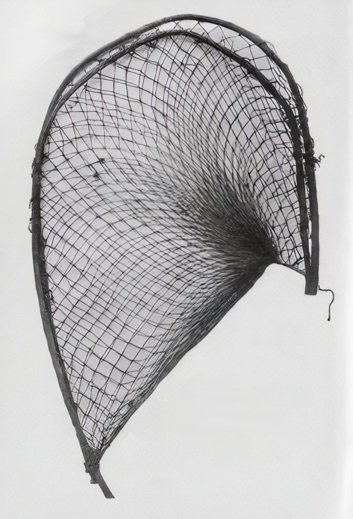 Fishing net made from fibre string fixed between two pieces of vine, which opens out like a scoop. Tully River.