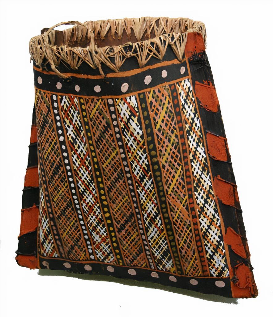 A decorated tjunga (folded and sewn bark container)